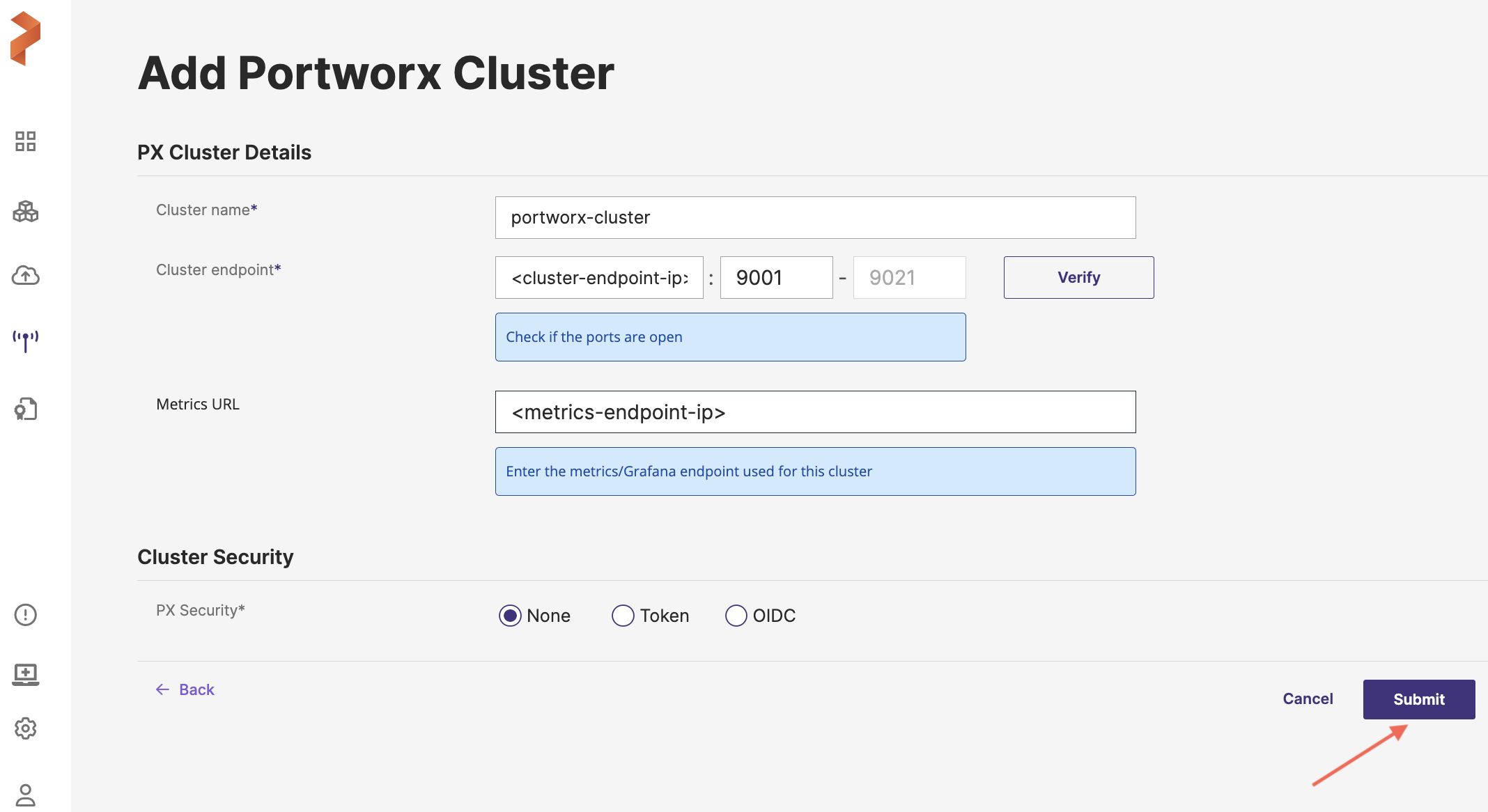 Enter cluster details