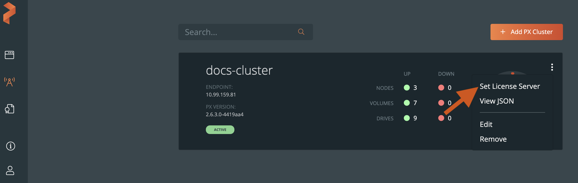 Cluster menu set license server option