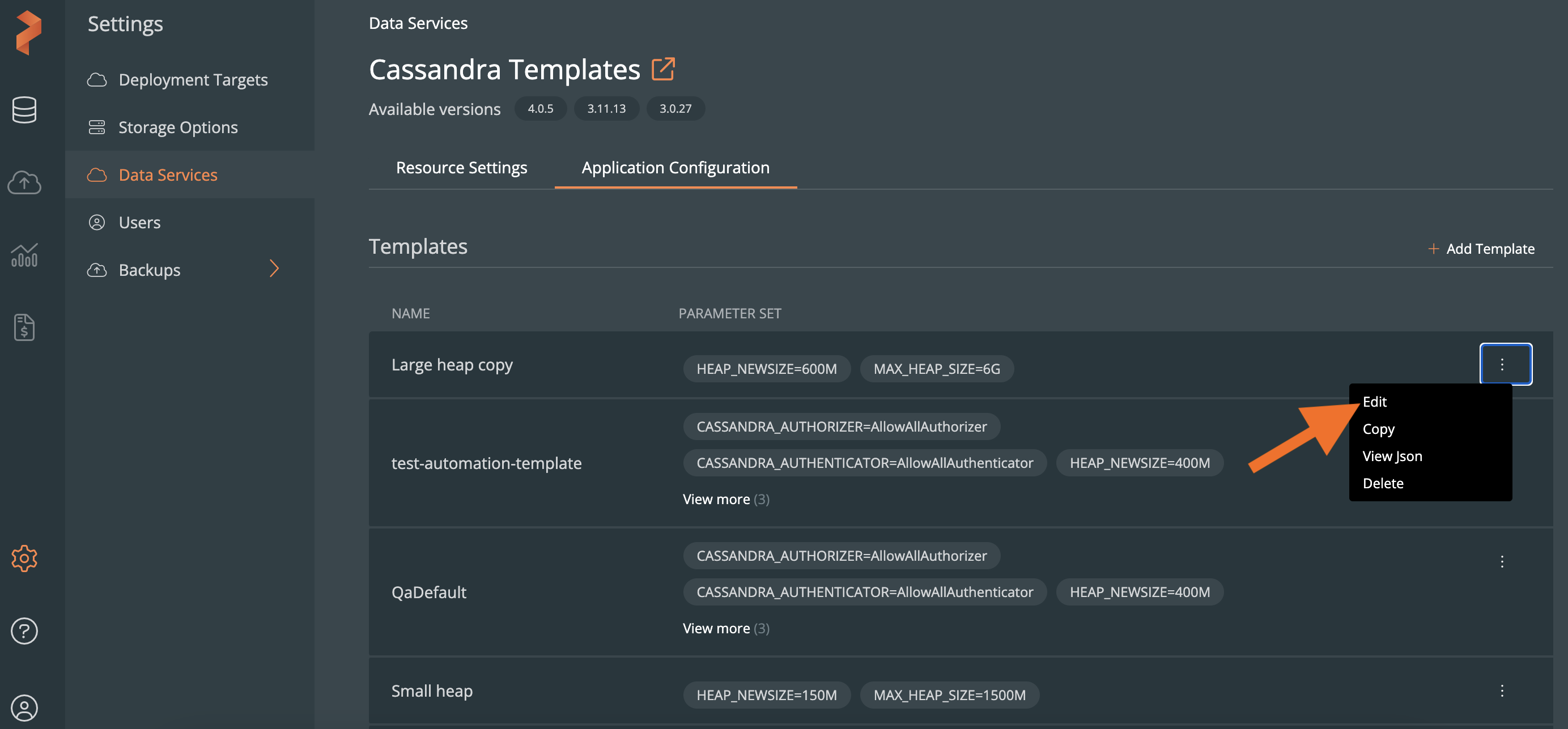 edit application configuration template option