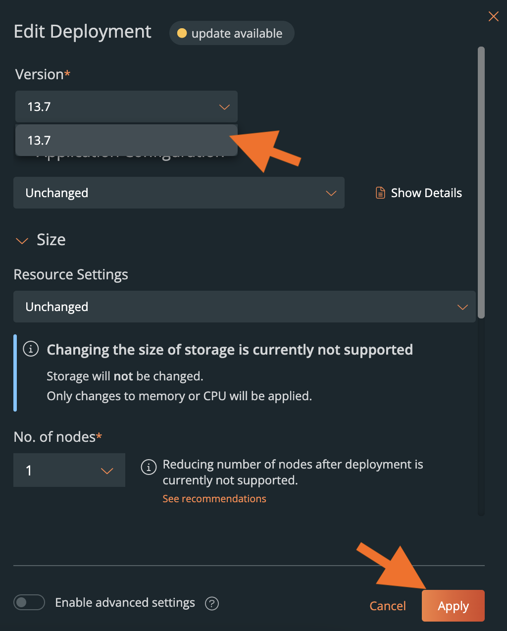 Edit deployment window Version dropdown